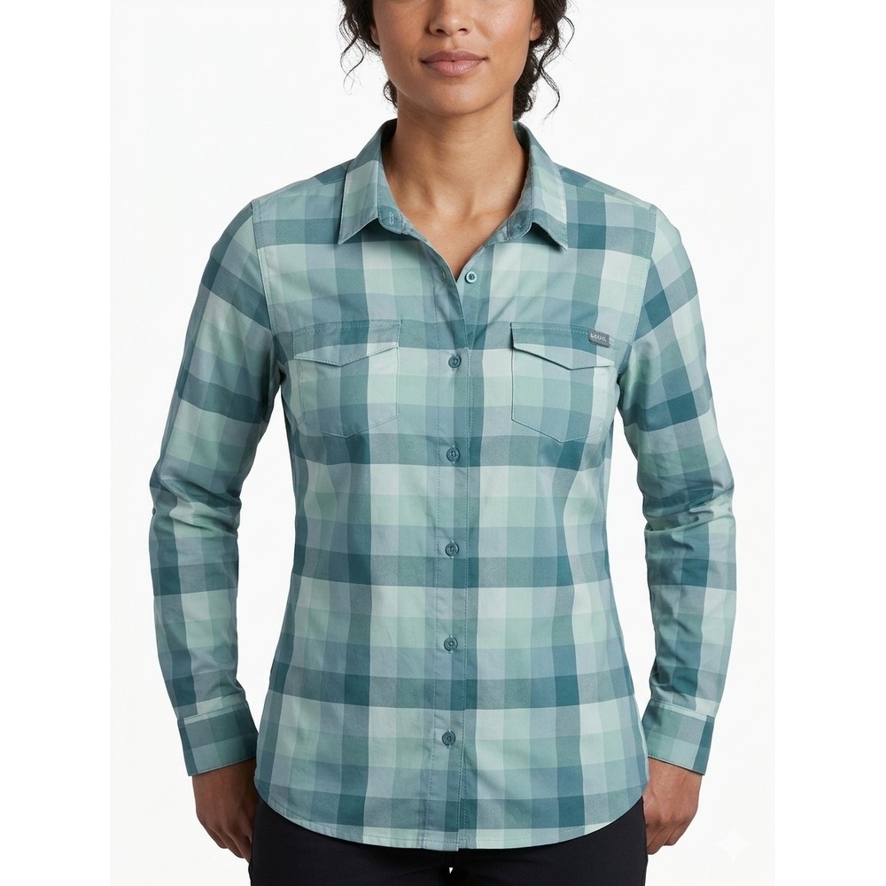 Kuhl Quick Dry Utility Plaid Long Sleeve Hiking Shirt Green Grey Small